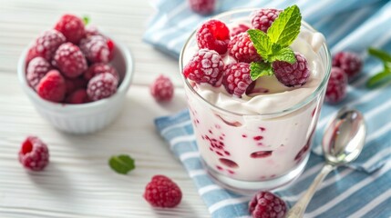 Wall Mural - Fresh raspberry yogurt in glass with mint garnish on stripped napkin. Healthy dessert. Bright and vibrant food photography. Perfect for food blogs and summer recipes. AI