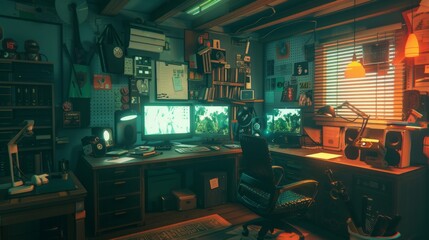 Creative Haven Indie Game Developer's Cozy Workspace with Blank Business Cards Game Art Code on Screens and Action Figures Inspiring and Productive Environment for Designing Unique Games