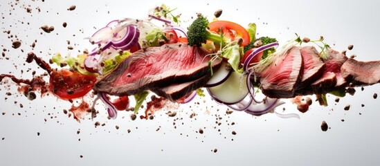 Fototapete - Sliced beefsteak with falling salad ingredients on a white backdrop, showcasing a food packaging concept in a copy space image.