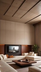 High end modern living room with white leather couch and a large flat screen tv mounted on the wall, brutalist architecture mixed with modern futuristic minimal design