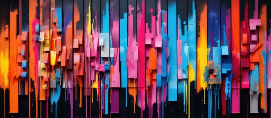 Vibrant graffiti artwork with colorful aerosol strips on metal wall, an old school street art piece created with spray paint cans, representing contemporary youth culture with copy space image.