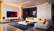 © Eyeam - High end modern living room with white leather couch and a large flat screen tv mounted on the wall, brutalist architecture mixed with modern futuristic minimal design