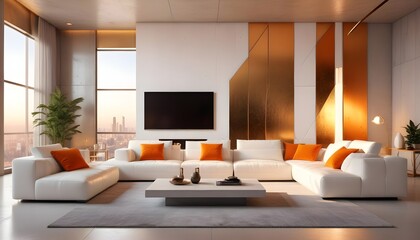 High end modern living room with white leather couch and a large flat screen tv mounted on the wall, brutalist architecture mixed with modern futuristic minimal design