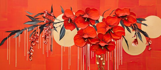 Wall Mural - A modern art collage featuring a tassel drawing and bright red flowers painted on a coral background, creating a contemporary design with copy space image.