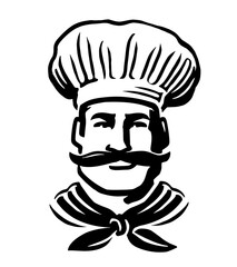 Wall Mural - Portrait of chef in hat, logo. Kitchen worker male cook emblem. Hand drawn vector illustration