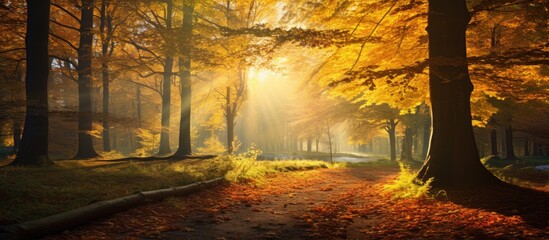 Wall Mural - In a golden autumn forest, vibrant warm colors of deciduous trees are illuminated by enchanting sun rays, creating a picturesque scene with a copy space image.