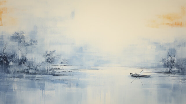 small lonely fishing boat on the water, artwork in white and blue tones impressionism, background copy space