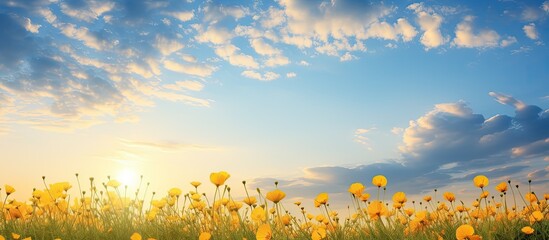 Poster - Sunset time on a hill with yellow flowers against a blue sky, ideal for a photograph with copy space image.