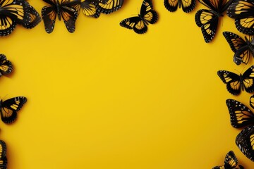 Black Butterflies on orange summer background with copy space for text.