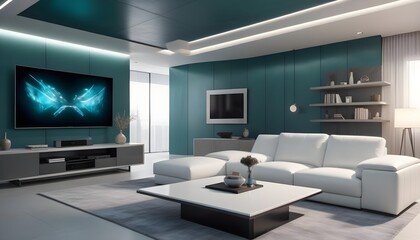 High end modern living room with white leather couch and a large flat screen tv mounted on the wall, brutalist architecture mixed with modern futuristic minimal design