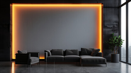 Sticker - black couch is in a room with a wall that has a light strip on it