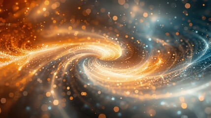 Golden shimmering vortex particles wave on dark. Dark vibration shimmering particles. Best for quantum world visualization, and science background.