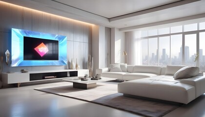 High end modern living room with white leather couch and a large flat screen tv mounted on the wall, brutalist architecture mixed with modern futuristic minimal design