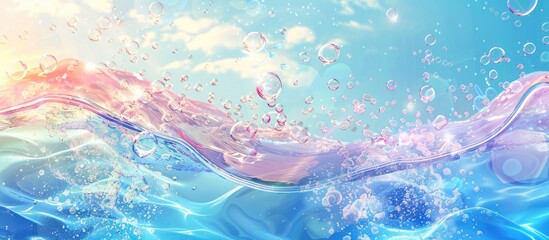 Wall Mural - Refreshing Summer Water Wave Background with Splashes and Bubbles for Cosmetic Advertisement