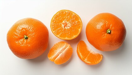 Wall Mural - Whole and sliced mandarins isolated on a white background seen from above