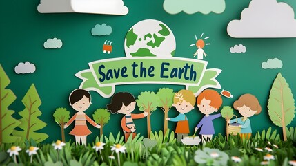 Wall Mural - Children Planting Trees in Park with Save the Earth Sign   Minimal Paper Cut