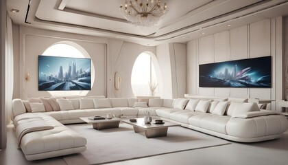 High end modern living room with white leather couch and a large flat screen tv mounted on the wall, brutalist architecture mixed with modern futuristic minimal design