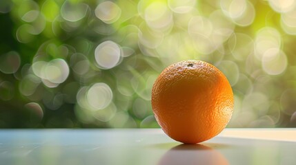 Poster - An orange sitting on a table with blurry background, AI