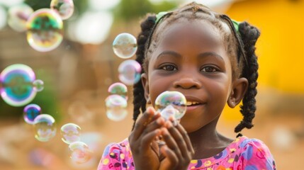 A young girl blowing bubbles and smiling