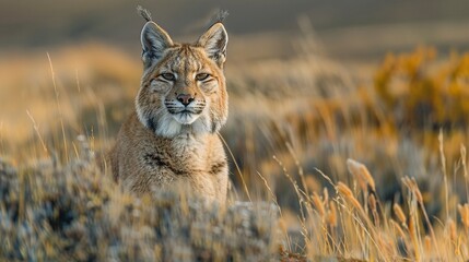 Wall Mural - Portrait of a solitary lynx in its natural grassland environment