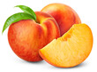 © Tim UR - Peach isolated png. Peach with a slice on transparent background. PNG format. Peaches with leaf no background. Full depth of field.