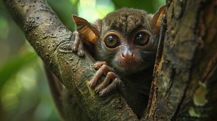 little nocturnal animal with big eyes hiding behind tree leaves in tropical jungle
