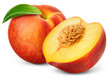 © Tim UR - Peach isolated png. Peach with a half on transparent background. PNG format. Peaches with leaf no background. Full depth of field.
