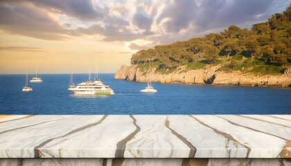 an empty marble desk in front of a view of the sea and boats in the mediterranean beach background, 