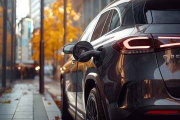 Close-up of electric car charging, emphasizing ecological transportation