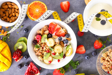 Poster - bowl of muesli with fresh fruits- health food concept
