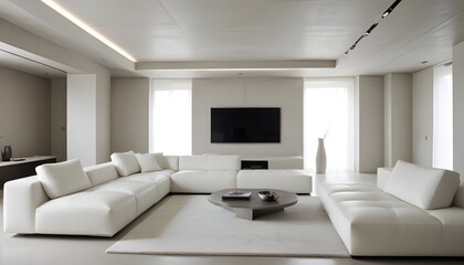 High end modern living room with white leather couch and a large flat screen tv mounted on the wall, brutalist architecture mixed with modern futuristic minimal design