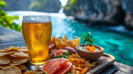 Sticker - A tray of a glass full of beer and chips on the table, AI