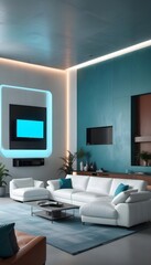 High end modern living room with white leather couch and a large flat screen tv mounted on the wall, brutalist architecture mixed with modern futuristic minimal design