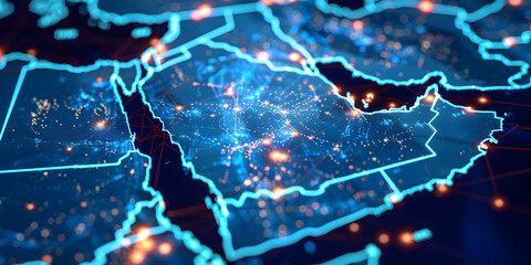Wall Mural - Saudi Arabia map telecommunication and data transfer networks with global internet and artificial intelligence connectivity for communication technology.