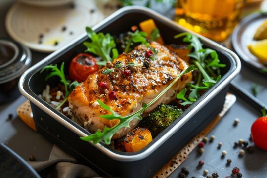 Salmon and vegetable tray shows diverse ingredients and cooking methods