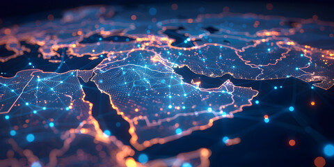 Saudi Arabia map telecommunication and data transfer networks with global internet and artificial intelligence connectivity for communication technology