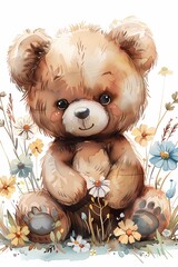 Sweet nursery art watercolor painting wall art for kids, children feature cute teddy bear with flowers background, wallpaper