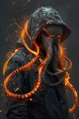 fantasy character wearing a grey hoodie with glowing orange wires wrapped around the hood and face of an octopus head.