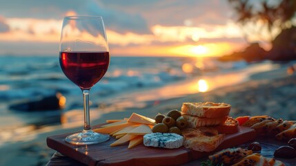 Wall Mural - A glass of a wine and cheese platter on the beach, AI