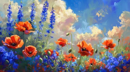 Poster - Blooming Wild Poppies and Forking Larkspur in a Sunny Summer Field