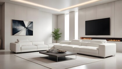 High end modern living room with white leather couch and a large flat screen tv mounted on the wall, brutalist architecture mixed with modern futuristic minimal design