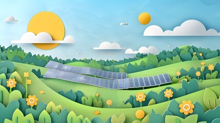 Wall Mural - Solar Panel Farm in Picturesque Countryside Under Bright Sky Promoting Renewable Energy