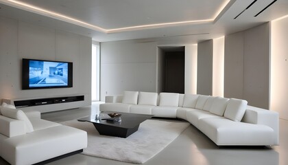 High end modern living room with white leather couch and a large flat screen tv mounted on the wall, brutalist architecture mixed with modern futuristic minimal design