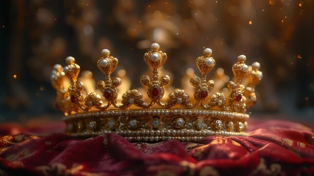 A golden crown with pearls and red jewels sits on a red cloth