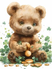 Sweet nursery art watercolor painting wall art for kids, children feature cute teddy bear with clover leaf, wallpaper