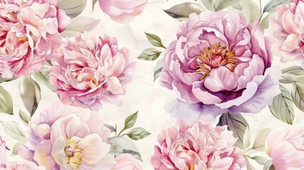 Wall Mural - Watercolor floral peony rose and leaf pastel pattern for elegant wedding and event invitations