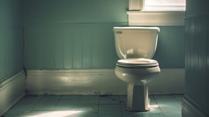 Sticker - A toilet in a small bathroom with sunlight shining through the window, AI