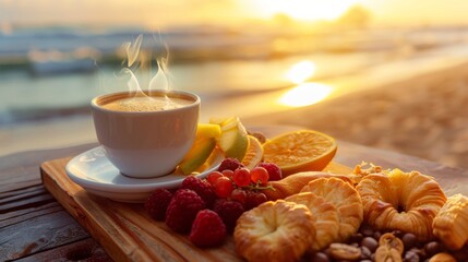 Canvas Print - A cup of coffee and fruit on a wooden tray at the beach, AI