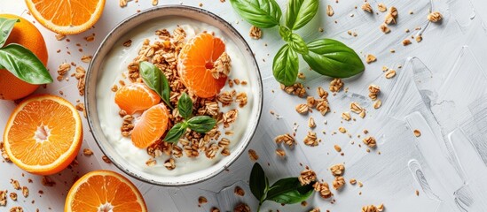 The tropical fruits like tangerines add a burst of citrusy flavor to the baked muesli and yogurt, creating a refreshing and invigorating breakfast dish 