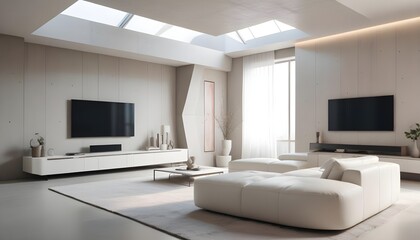 High end modern living room with white leather couch and a large flat screen tv mounted on the wall, brutalist architecture mixed with modern futuristic minimal design